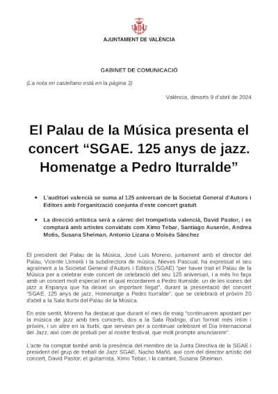 El Palau de la Música presenta el concierto “SGAE. 125 años de jazz. Homenaje a Pedro Iturralde”