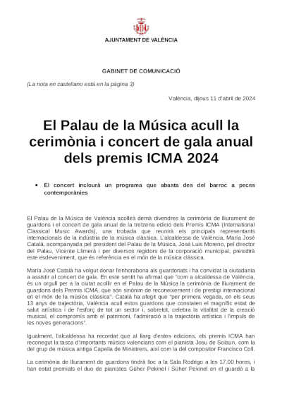 El Palau de la Música acoge la ceremonia y concierto de gala anual de los premios ICMA 2024 El Palau de la Música acoge la ceremonia y concierto de gala anual de los premios ICMA 2024