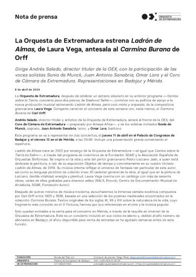 La Orquesta de Extremadura estrena Ladrón de Almas, de Laura Vega, antesala al Carmina Burana de Orff