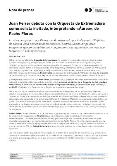 Juan Ferrer debuta con la Orquesta de Extremadura como solista invitado, interpretando «Áurea», de Pacho Flores