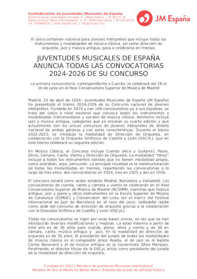 Juventudes Musicales de España anuncia todas las convocatorias 2024-2025 de su concurso