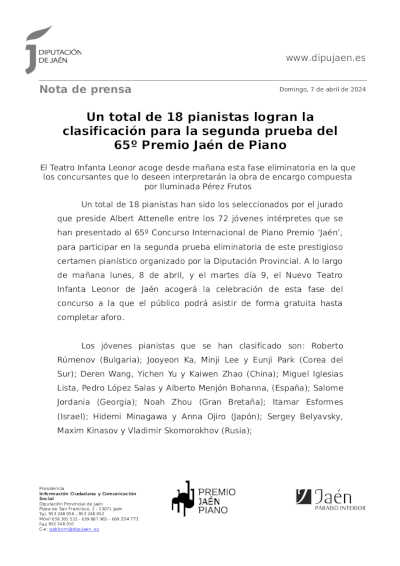 Un total de 18 pianistas logran la clasificación para la segunda prueba del 65º Premio Jaén de Piano
