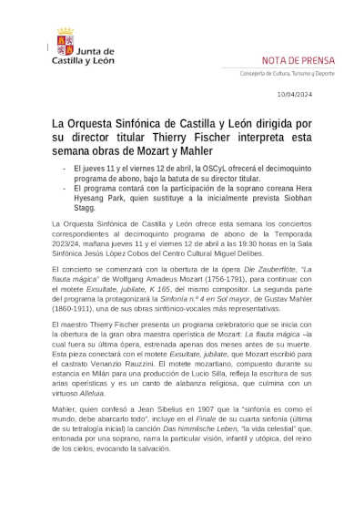 La Orquesta Sinfónica de Castilla y León dirigida por su director titular Thierry Fischer interpreta a Mozart y Mahler