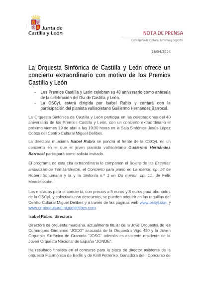 La Orquesta Sinfónica de Castilla y León ofrece un concierto extraordinario con motivo de los Premios Castilla y León La Orquesta Sinfónica de Castilla y León ofrece un concierto extraordinario con motivo de los Premios Castilla y León