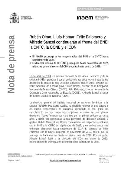 Rubén Olmo, Lluís Homar, Félix Palomero y Alfredo Sanzol continuarán al frente del BNE, la CNTC, la OCNE y el CDN