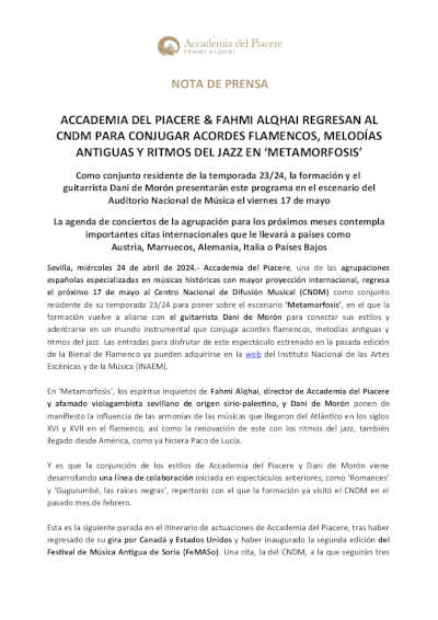 Accademia del Piacere & Fahmi Alqhai regresan el CNDM con «Metamorfosis»