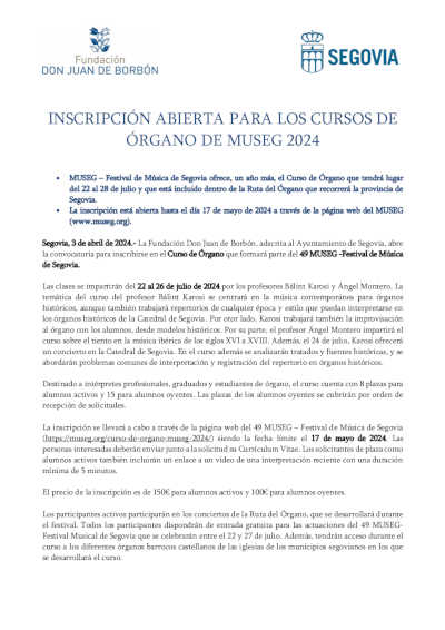 Inscripción abierta para los Cursos de Órgano de MUSEG 2024