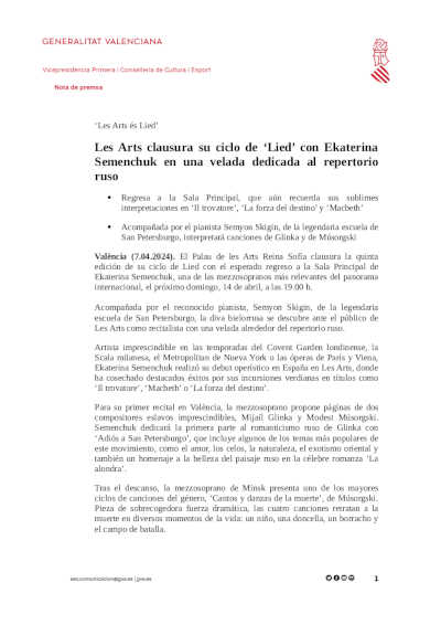 Les Arts clausura su ciclo de «Lied» con Ekaterina Semenchuk en una velada dedicada al repertorio ruso