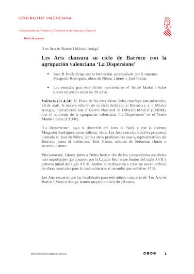 Les Arts clausura su ciclo de Barroco con la agrupación valenciana «La Dispersione»