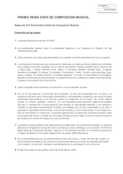 La Fundació de Música Ferrer-Salat abre la convocatoria de la XLII edición del Premio Reina Sofía de Composición Musical