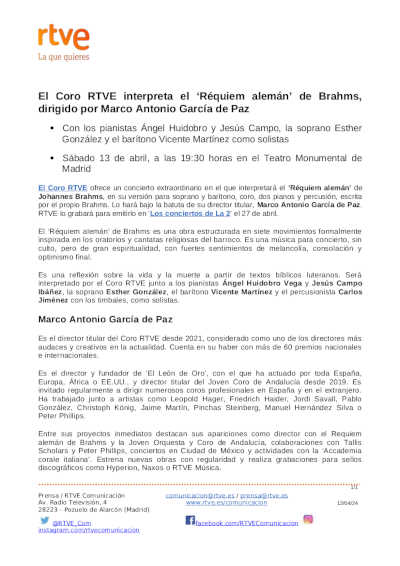 El Coro RTVE interpreta el Réquiem alemán de Brahms dirigido por Marco Antonio García de Paz