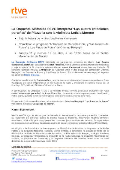 La violinista Leticia Moreno interpreta Las cuatro estaciones. Dirige Karen Kamensek