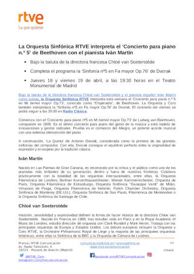 La Orquesta Sinfónica RTVE interpreta el «Concierto para piano n.º 5» de Beethoven con el pianista Iván Martín