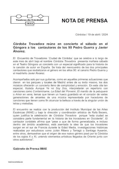 Córdoba Trovadora reúne en concierto el sábado en el Góngora a los  cantautores de los 90 Pedro Guerra y Javier Álvarez