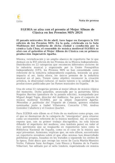 EGERIA se alza con el premio al Mejor Álbum de Clásica en los Premios MIN 2024