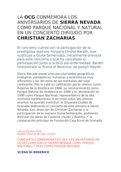 La OCG conmemora el aniversario de Sierra Nevada como Parque Nacional y Natural con un concierto La OCG conmemora el aniversario de Sierra Nevada como Parque Nacional y Natural con un concierto