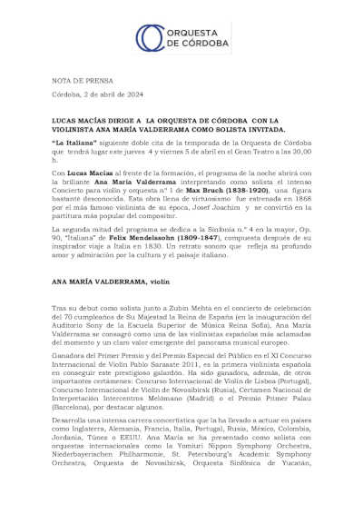 Lucas Macías dirige la Orquesta de Córdoba con Ana María Valderrama como solista invitada