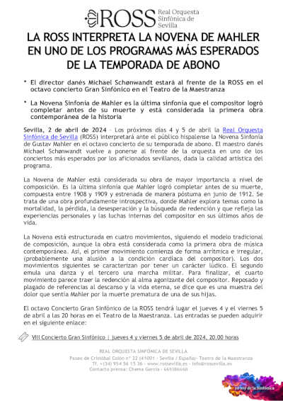 La ROSS interpreta la Novena de Mahler en uno de los programas más esperados de la temporada de abono