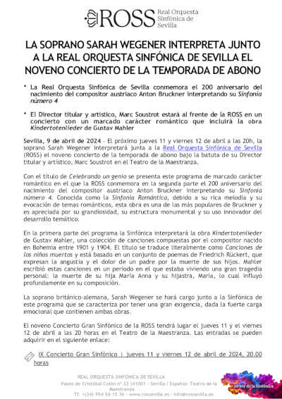 La soprano Sarah Wegener interpreta junto a la ROSS el Noveno Concierto de la Temporada a Abono