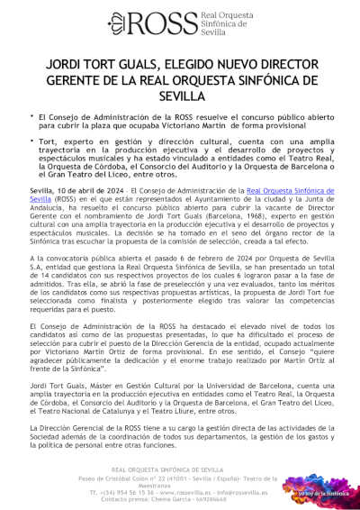 Jordi Tort Guals, elegido nuevo director gerente de la Real Orquesta Sinfónica de Sevilla