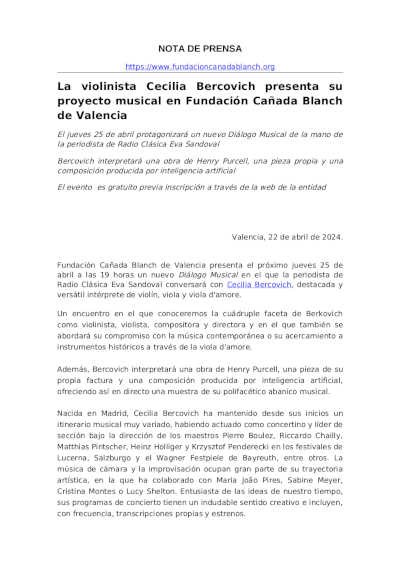 La violinista Cecilia Bercovich presenta su proyecto musical en Fundación Cañada Blanch de Valencia La violinista Cecilia Bercovich presenta su proyecto musical en Fundación Cañada Blanch de Valencia