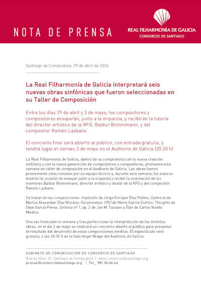 La Real Filharmonía de Galicia interpretará seis nuevas obras sinfónicas que fueron seleccionadas en su Taller de Composición