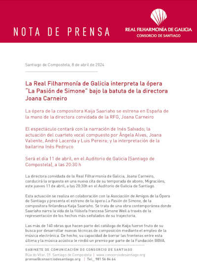 La Real Filharmonía de Galicia interpreta la ópera “La Pasión de Simone” bajo la batuta de la directora Joana Carneiro
