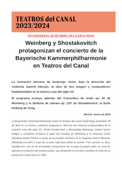 Weinberg y Shostakovitch protagonizan el concierto de la Bayerische Kammerphilharmonie en Teatros del Canal