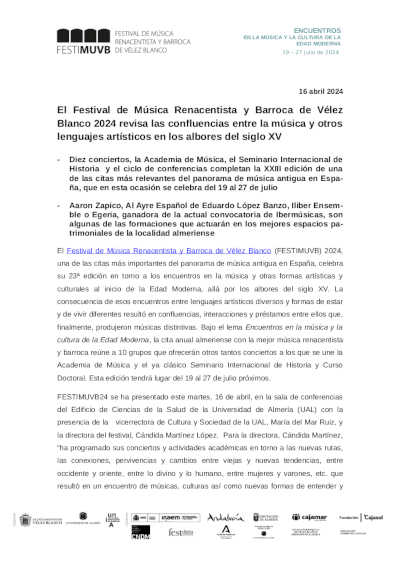 Festival de Música Renacentista y Barroca de Vélez Blanco 2024 revisa confluencias entre música y otros lenguajes artísticos