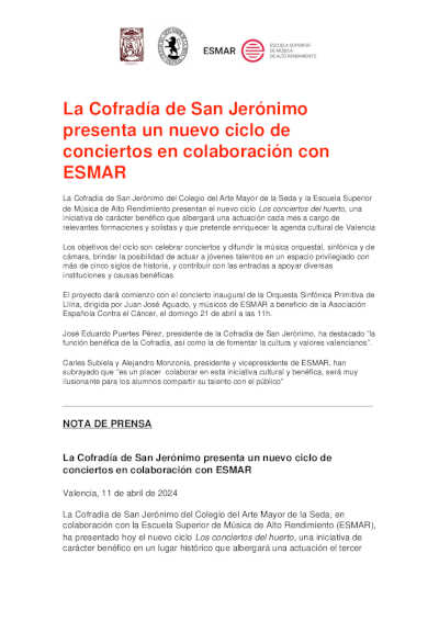 La Cofradía de San Jerónimo presenta un nuevo ciclo de conciertos en colaboración con ESMAR