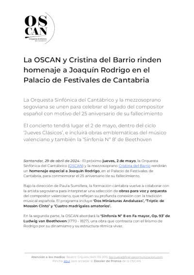La OSCAN y Cristina del Barrio rinden homenaje a Joaquín Rodrigo en el Palacio de Festivales de Cantabria