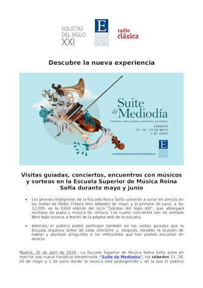 Suite de Mediodía, descubre esta nueva experiencia en la Escuela Superior de Música Reina Sofía