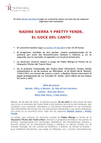 Nadine Sierra y Pretty Yende en el Ciclo Voces del Real en un concierto único