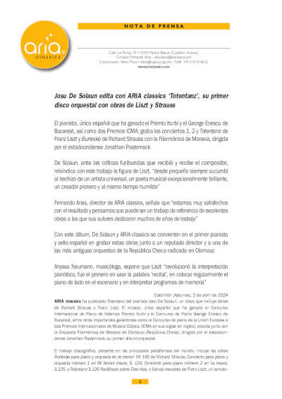 Josu De Solaun edita con ARIA classics «Totentanz», su primer disco orquestal con obras de Liszt y Strauss