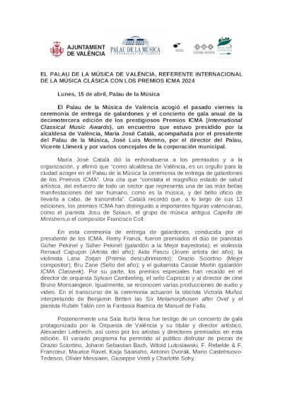 El Palau de la Música de València, referente internacional de la Música Clásica con los Premios ICMA 2024 El Palau de la Música de València, referente internacional de la Música Clásica con los Premios ICMA 2024