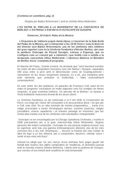 La OV entre el preludio a la modernidad de la Fantástica de Berlioz y el estreno en España de Outscape de Dusapin La OV entre el preludio a la modernidad de la Fantástica de Berlioz y el estreno en España de Outscape de Dusapin