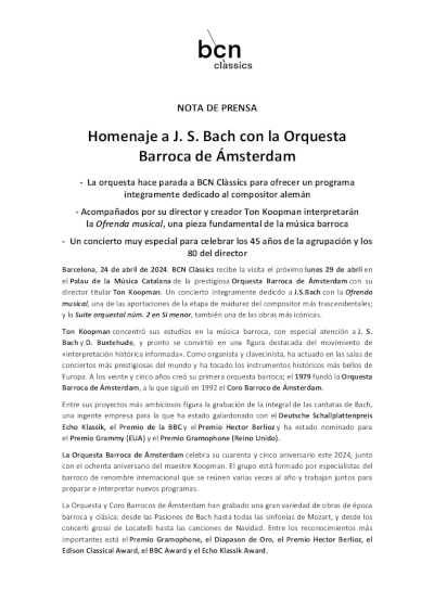 Homenaje a J. S. Bach con la Orquesta Barroca de Ámsterdam & Ton Koopman