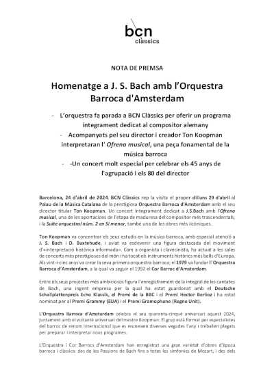 Homenaje a J. S. Bach con la Orquesta Barroca de Ámsterdam & Ton Koopman