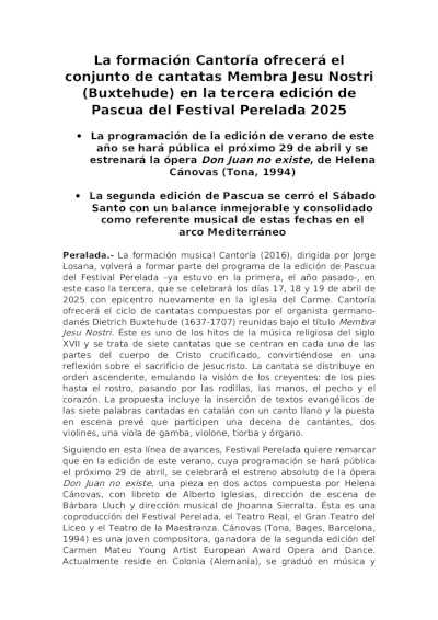 La formación Cantoría ofrecerá el conjunto de cantatas Membra Jesu Nostri (Buxtehude)