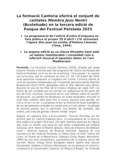 La formación Cantoría ofrecerá el conjunto de cantatas Membra Jesu Nostri (Buxtehude)