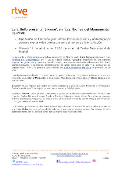 Lara Bello presenta «Sikame», en «Las Noches del Monumental» de RTVE