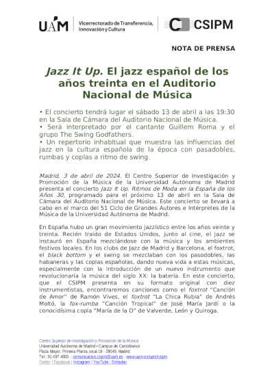 Jazz it Up. Ritmos de Moda en la España de los Años 30. Ciclo de Música de la UAM