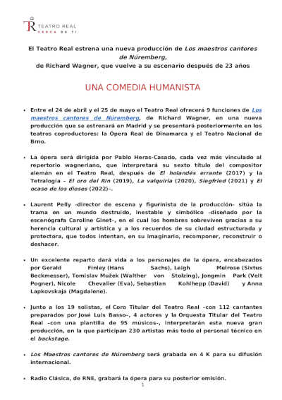 El Teatro Real estrena una nueva producción de Los maestros cantores de Núremberg, de Richard Wagner