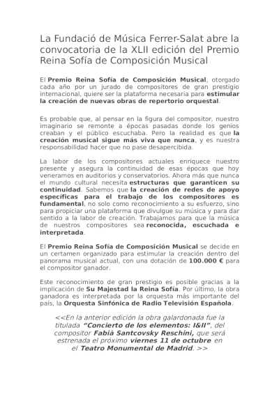 La Fundació de Música Ferrer-Salat abre la convocatoria de la XLII edición del Premio Reina Sofía de Composición Musical