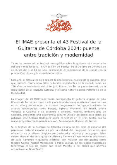 El IMAE presenta el 43 Festival de la Guitarra de Córdoba 2024: puente entre tradición y modernidad