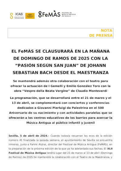 El FeMÀS se clausurará en la mañana de Domingo de Ramos de 2025 con la «Pasión Según San Juan» El FeMÀS se clausurará en la mañana de Domingo de Ramos de 2025 con la «Pasión Según San Juan»