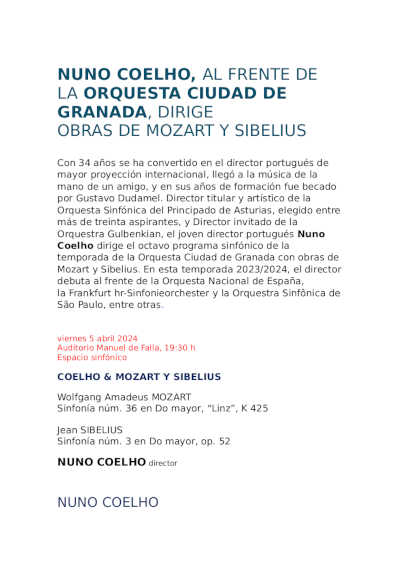 Nuno Coelho al frente de la Orquesta Ciudad de Granada dirige obras de Mozart y Sibelius