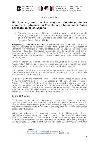 Gil Shaham, uno de los mejores violinistas de su generación, ofrece un homenaje a Pablo Sarasate Gil Shaham, uno de los mejores violinistas de su generación, ofrece un homenaje a Pablo Sarasate