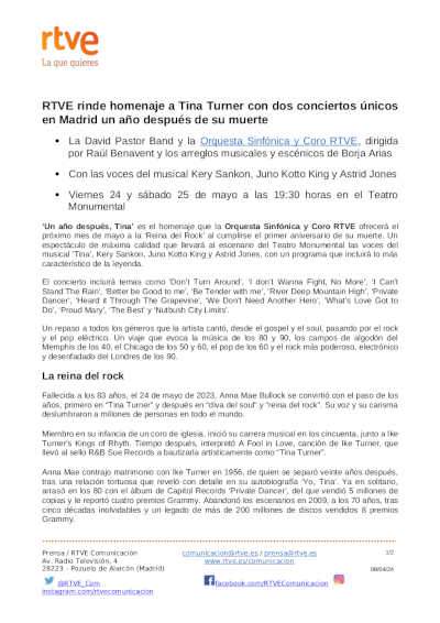 RTVE rinde homenaje a Tina Turner con dos conciertos únicos en Madrid un año después de su muerte