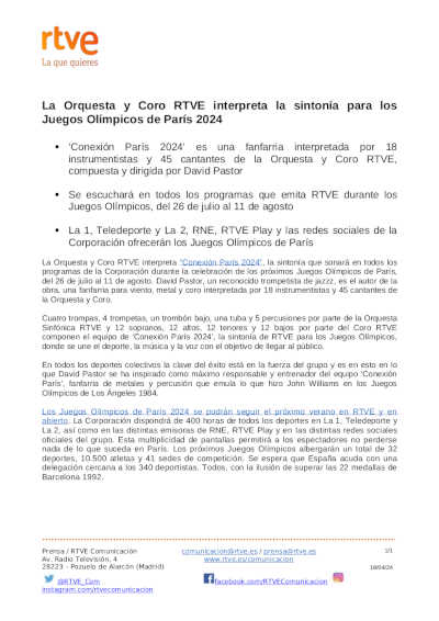 La Orquesta y Coro RTVE interpreta la sintonía para los Juegos Olímpicos de París 2024